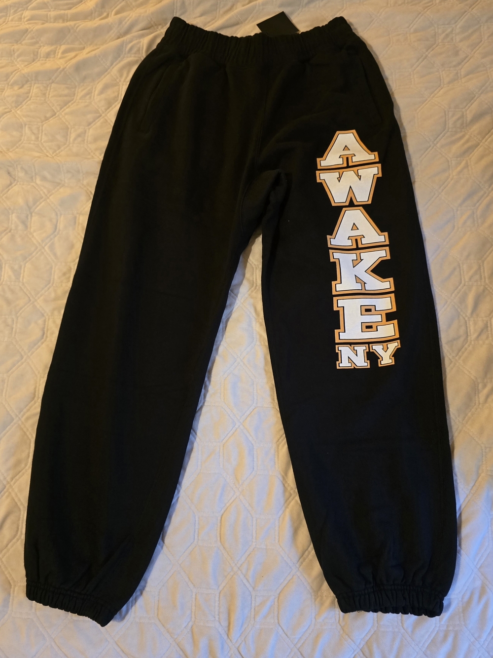 Awake NY Victory Black Sweatpants with White and Gold Logo Sz L